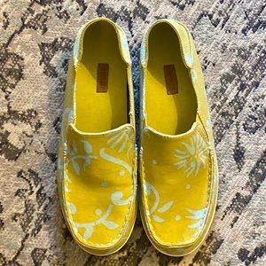 OluKai Nohea Women’s Slip-On Green and Blue Canvas Shoes, Size 10